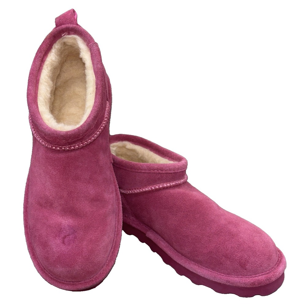 Bearpaw SUPER SHORTY Pink Booties Women's Size 8 Suede Pull On Wool Blend Lining